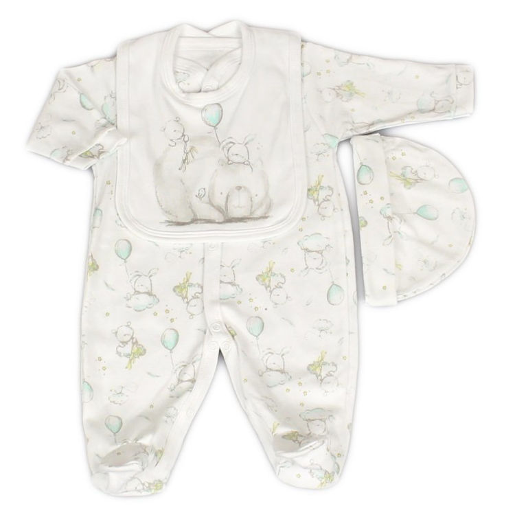 Picture of J1758 BABY UNISEX BEAR 3PIECE ALL IN ONE,BIB & HAT SET 0-9M